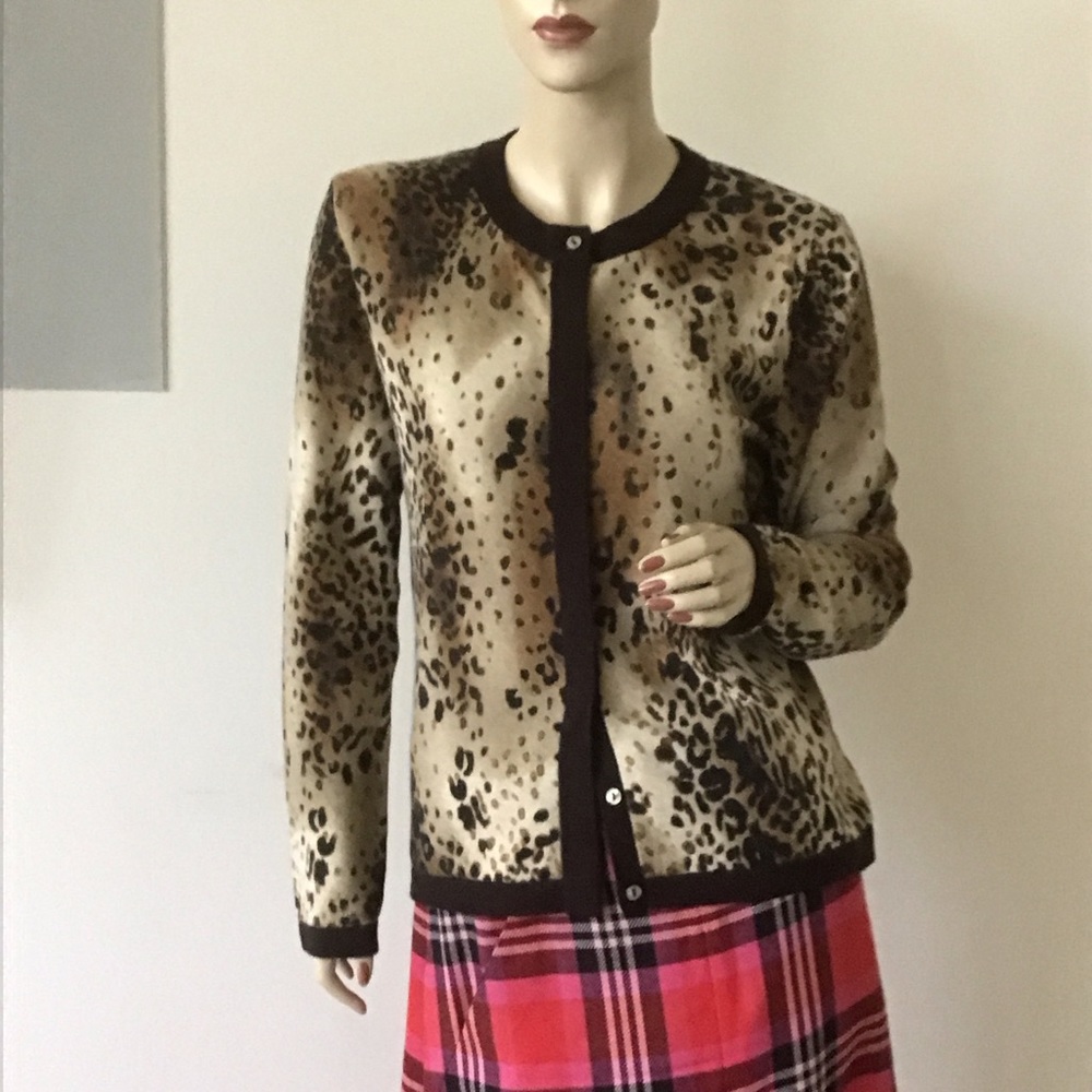 Investments 100% Fine Cashmere Brown Animal Leopard Print Cardigan Sweater S 4 6